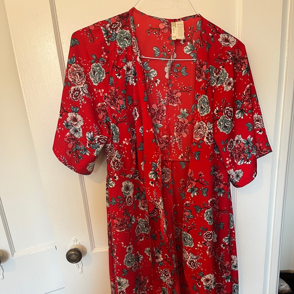 Red floral wrap dress